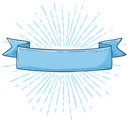 Hand-drawn blue ribbon banner with sunburst background, vintage cartoon style for message decoration or promotion element.