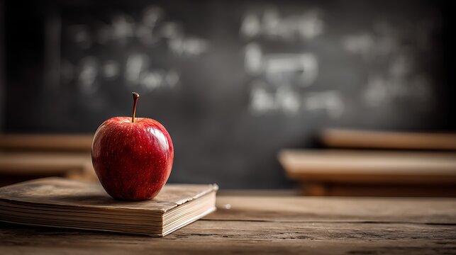 A single, shiny red apple rests on a stack of books on a wooden teacher's desk. In the background, a blackboard with simple chalk-written math formulas.