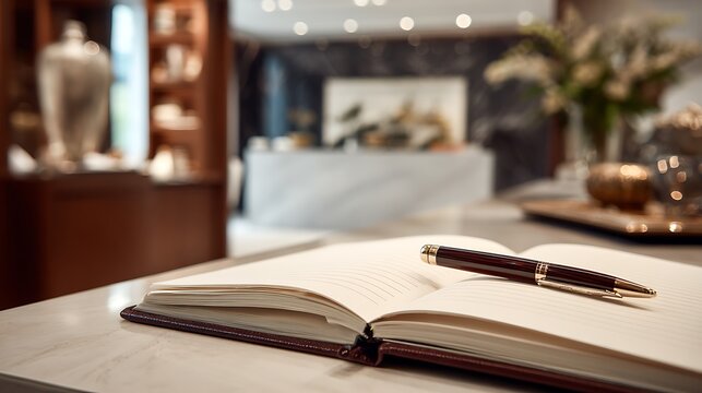 At an open house, an elegant guest book lies open on an entryway table. A designer pen rests next to the page, which is blank, waiting for the next visitor.