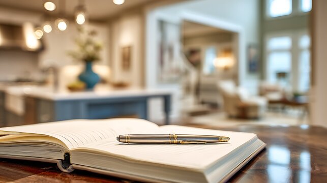 At an open house, an elegant guest book lies open on an entryway table. A designer pen rests next to the page, which is blank, waiting for the next visitor.