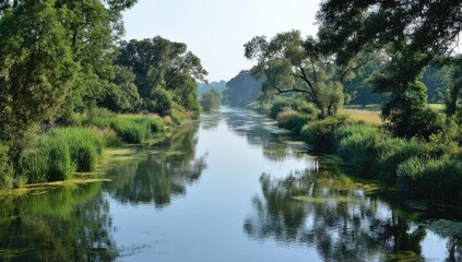 Calm river landscape, tranquil morning, green banks, summer. Use travel brochure