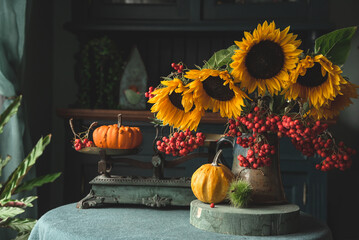 Autumn Thanksgiving decor with old scales at home