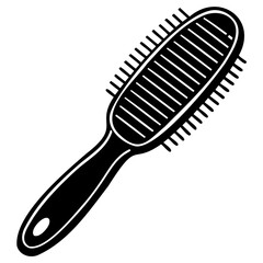 Black and white illustration of a hairbrush with a long handle and oval head with bristles