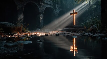 Mysterious light illuminates a cross in an ancient, hidden location during twilight with reflections in still water