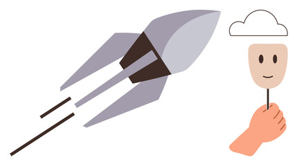 Rocket speeding into space, hand holding a stick with a happy face and cloud, representing creativity, innovation, ambition, optimism, thinking, duality and exploration. Ideal for futuristic success