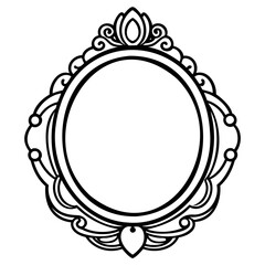 Ornate oval mirror frame with decorative flourishes and a central teardrop shape at the bottom, black and white outline
