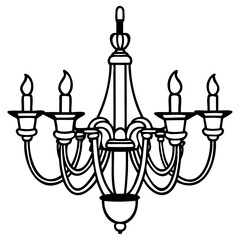 Elegant sixarm chandelier with candleshaped lights, rendered in a classic black and white line art style
