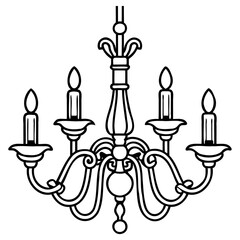 Elegant vintage chandelier with five candleshaped lights, rendered in a classic black and white line art style