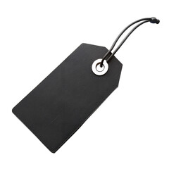 A textured dark gray rectangular tag with a black string attached to a reinforced hole against a solid black background