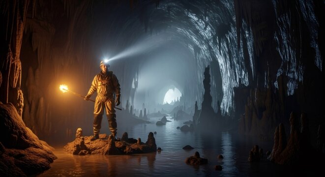 A man explorer with headlamp and torch stands inside an underground natural cave, with water flowing in the mysterious dark cave.