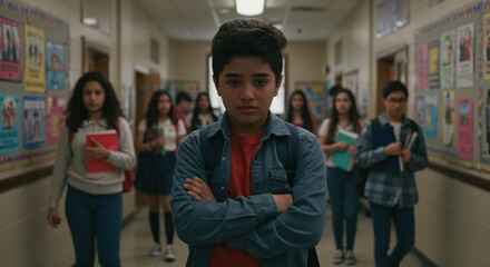 Fototapeta premium Portrait of a serious Hispanic teenage boy standing with arms crossed in a busy school hallway. Student feeling lonely or bullied.