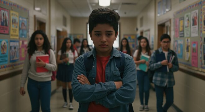 Portrait of a serious Hispanic teenage boy standing with arms crossed in a busy school hallway. Student feeling lonely or bullied.