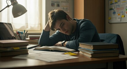 Overwhelmed young male student feeling stressed and tired while studying at his desk. College man preparing for exams with many books.