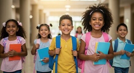 Group of happy multiethnic elementary school children walking in the school corridor. Cheerful diverse students with backpacks looking at the camera.