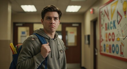 Worried teenage boy in a ripped hoodie feeling sad and anxious in a high school hallway. Concept of bullying, poverty, and mental health.