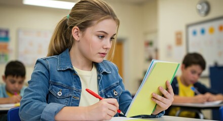 Focused pre-teen girl studying at her desk in a classroom. Young female student concentrating on schoolwork and writing in a notebook.