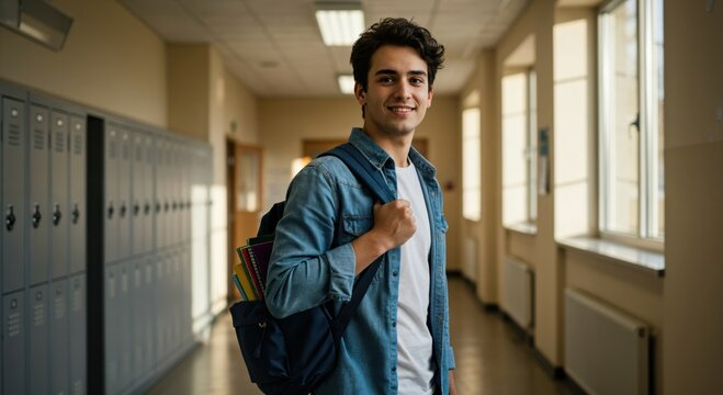 Portrait of a happy young male student with a backpack standing in a bright high school hallway with lockers.