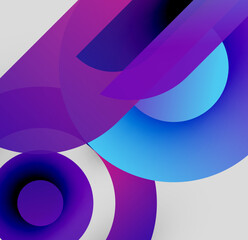 Abstract composition featuring overlapping circles, gradients. Purple, blue hues dominate design, creating dynamic visual effect. Minimalist style.
