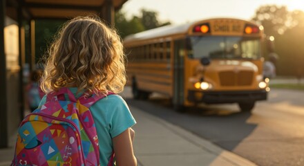 Young girl with a colorful backpack waiting for the school bus. Back to school concept with a child at a bus stop in the morning sun.