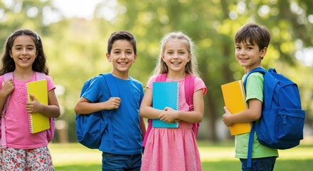 Group of happy multiethnic elementary school children with backpacks and books standing together in a park. Portrait of smiling students ready for back to school.