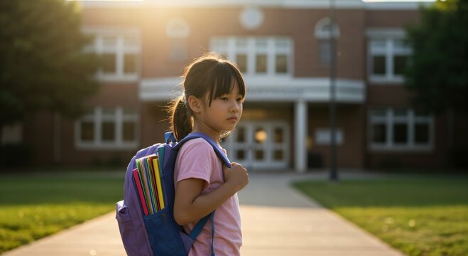 Anxious little Asian girl with a backpack looking sad and lonely in front of her elementary school building at sunset.