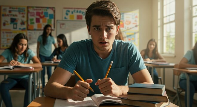 Portrait of a stressed young male student feeling anxious and overwhelmed during a difficult exam in a classroom. He looks shocked and unprepared.