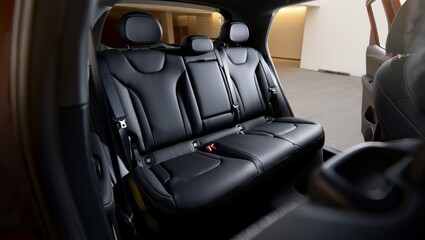  Rear passenger black leather seats of a modern car, clean and unoccupied, under soft studio lighting