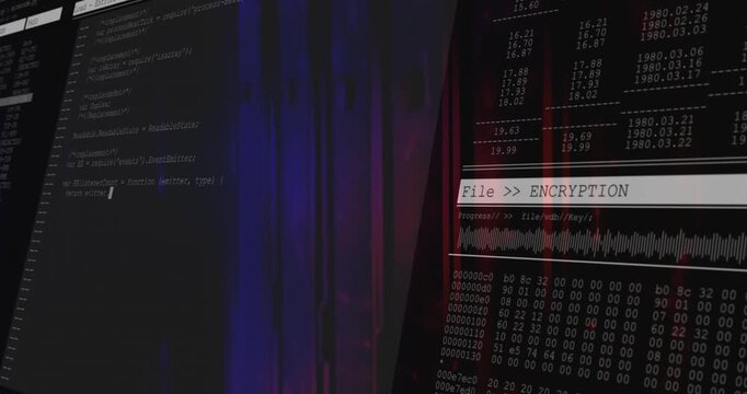 Glitch background starting editor and overlay showing code with hex dump updating during encrypting