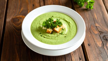 Delightful green soup with croutons and parsley garnish served on wood