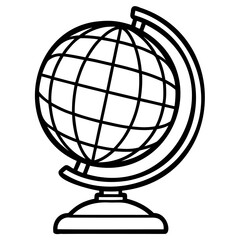 Black and white outline illustration of a globe on a stand, representing geography and education