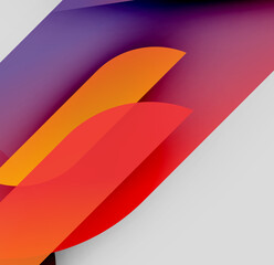 Abstract shapes overlap, creating vibrant color gradients. Orange, red, purple hues dominate composition. Minimalist design.
