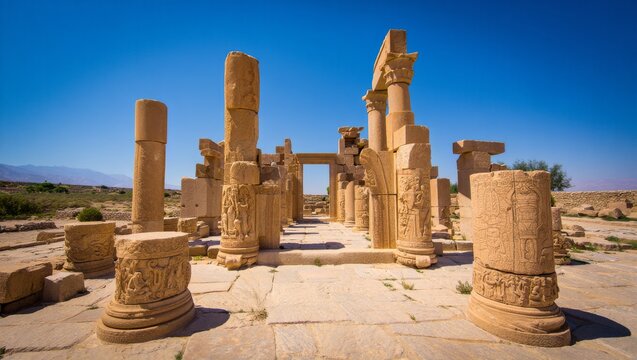 Wide shot of ancient weathered stone columns and intricately carved ruins standing proudly on a dry, rocky terrain under a clear vibrant blue sky and bright natural sunlight, with distant mountains vi