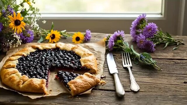 huckleberry galette with golden crust, styled with wildflowers