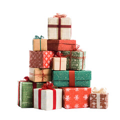 Holiday Gift Stack: A tower of festive presents wrapped in colorful paper and ribbons, ready for celebration.