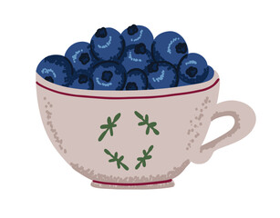 Fresh tasty blueberry in cute cup. Forest bilberry drawn in flat style