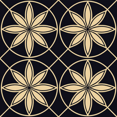 Modern abstract floral pattern design with geometric repetition, golden elegant petals, vintage tile inspiration, luxury seamless vector artwork, ideal for fashion, textiles, invitations, wallpapers, 