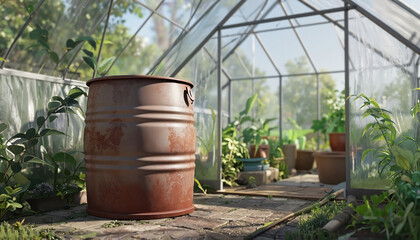 Obraz premium A rusty metal rainwater barrel near a greenhouse symbolizes sustainability and gardening.