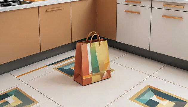Patterned paper grocery bag in orange and yellow colors representing shopping and errands on a tiled kitchen floor.
