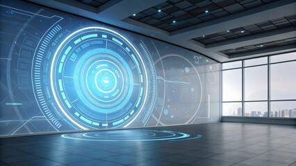 Futuristic Holographic Digital Interface on Modern Wall Screen