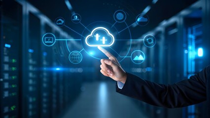 Business Hand Touching Cloud Computing Icon in Data Center