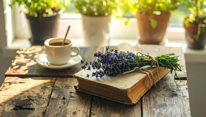 A rustic wooden table displays a vintage book, a cup of coffee, and a bouquet of lavender, bathed in sunlight streaming through a window.