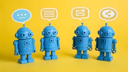 Fototapeta premium Blue Robots Talking with Chat Icons on Yellow Background