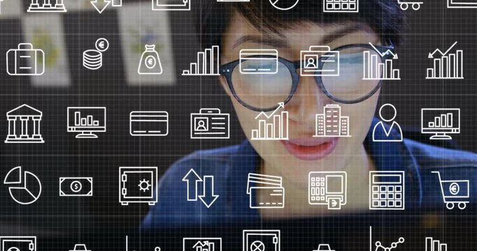Opening laptop, woman data analyst monitoring streaming graphs and calculator icons tracking trends