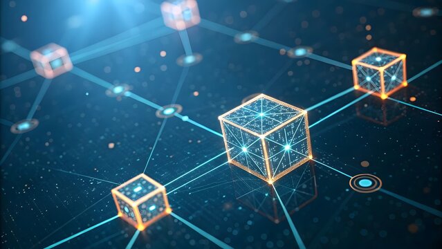 Blockchain Network with Glowing Digital Cubes - Powered by Adobe