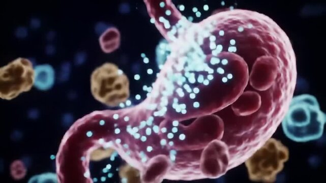 Microscopic view of stomach cells under attack by glowing particles, possibly depicting an immune response or medication interaction.