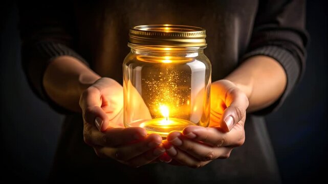 Holding a Jar with a Lit Candle in Hands: Warmth, Hope, and Inspiration Concept