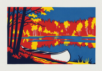 Risograph print style A Lone Canoe on an Autumn Lake