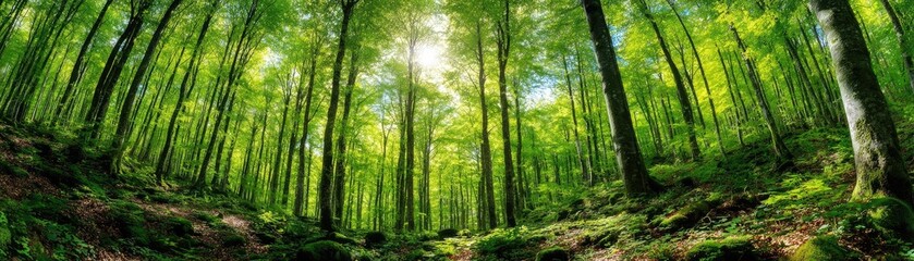 Fototapeta premium A verdant forest floor, alive with lush greenery, and sunlight filtering through the canopy, creating a serene and peaceful scene.