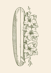 Hand-drawn illustration of an old surfboard in a composition with hibiscus flowers.