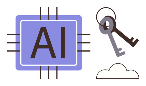 AI chip with parallel lines, two vintage keys symbolizing security, and a cloud depiction. Ideal for technology, artificial intelligence, data security, cloud computing, innovation, research simple